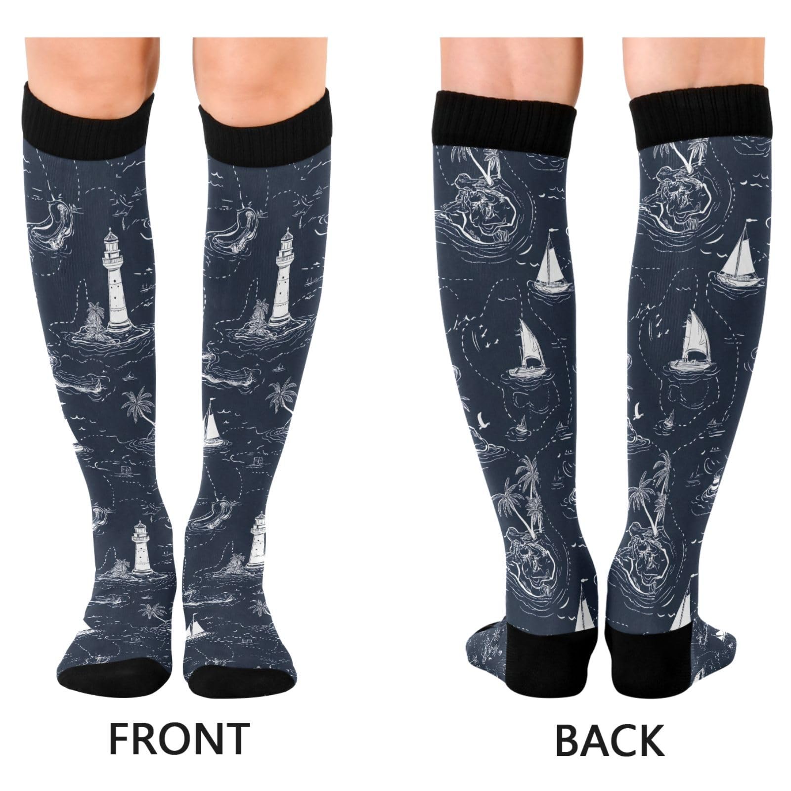 Wassud Nautical Map Compression Socks for Women and Men 20-30 mmHg Knee High Socks for Nurses Travel 2 Pair