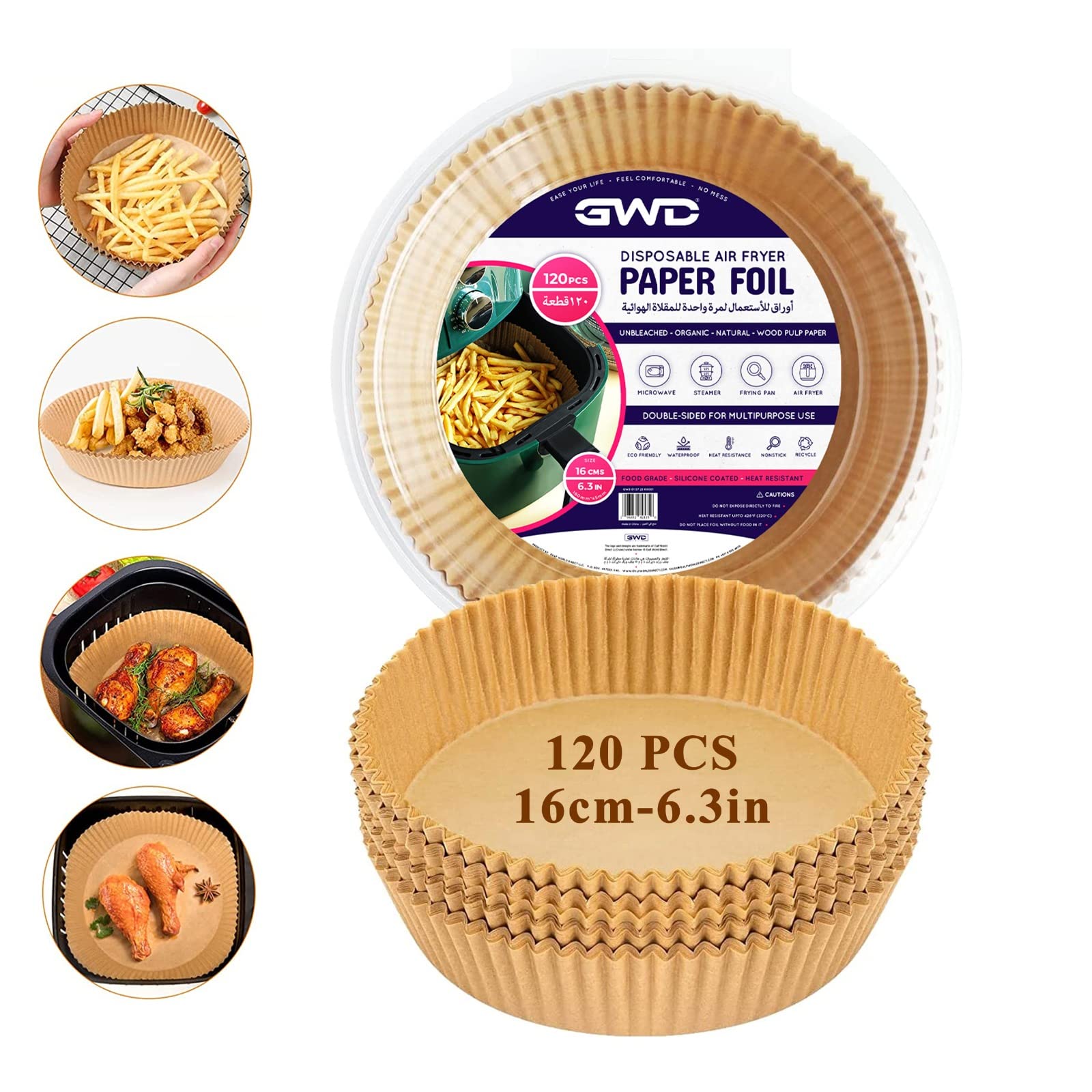 GWD® 120Pcs Air Fryer Paper Liner - 6.2 inch / 16cm (Round) - Non-Stick, Water-Proof Air Fryer Liner - Air Fryer Disposable Paper Liner for Baking Roasting Microwave - Parchment Paper, Baking Paper
