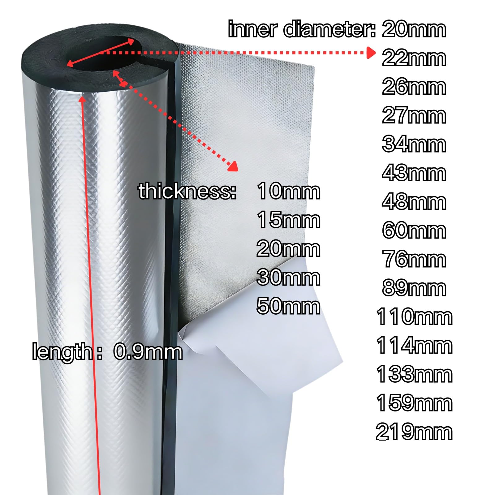 Aislamiento de Tuberias para Autoadhesivo esp 10-50mm, 20-219mm ID Aislamiento de Tuberías Aislante de Calor Tubo, Ignífugo de Coquilla Aislante(ID219mm x T50mm x L0.9m)