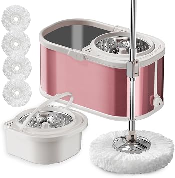 Spin Mop and Bucket with Wringer Set for Home,360 Mop and Bucket with Separate Clean and Dirty Water,Wet Dust Mop for Floor Cleaning with Extra Refills Pink
