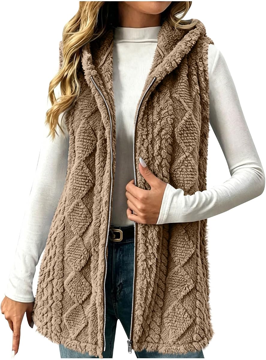 Fleece Jacket Women Warm Long Fuzzy Vest Plush Sleeveless Outerwear