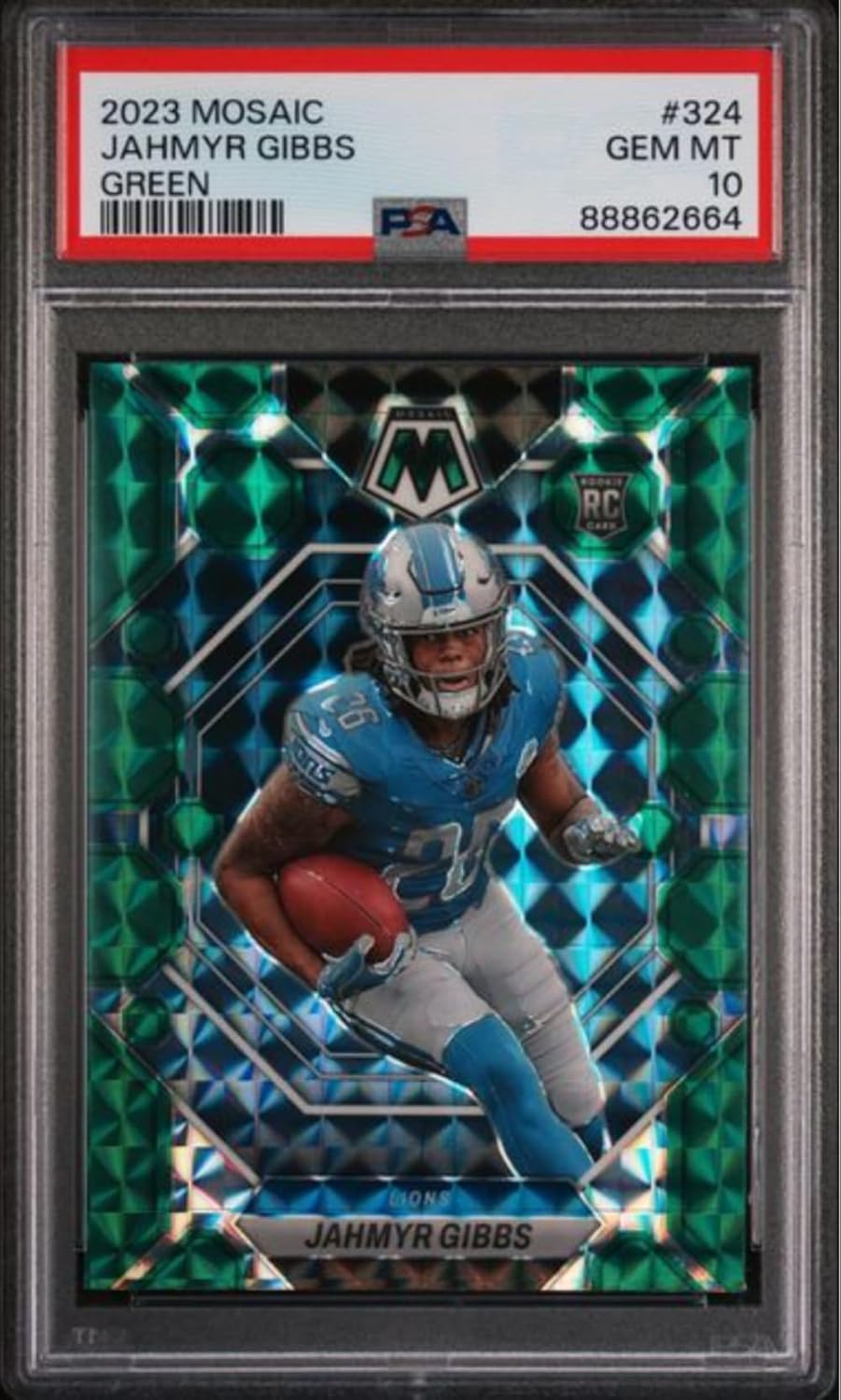 Graded 2023 Panini Mosaic Jahmyr Gibbs #324 Green Rookie RC Football Card PSA 10 Gem Mint