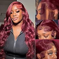 Vista 19 de 99J - Pelucas de cabello humano con encaje frontal transparente HD de 13 x 6 pulgadas, color burdeos, para mujer, densidad del 180%, color rojo