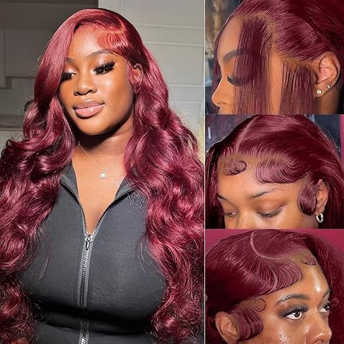 99J - Pelucas de cabello humano con encaje frontal transparente HD de 13 x 6 pulgadas, color burdeos, para mujer, densidad del 180%, color rojo