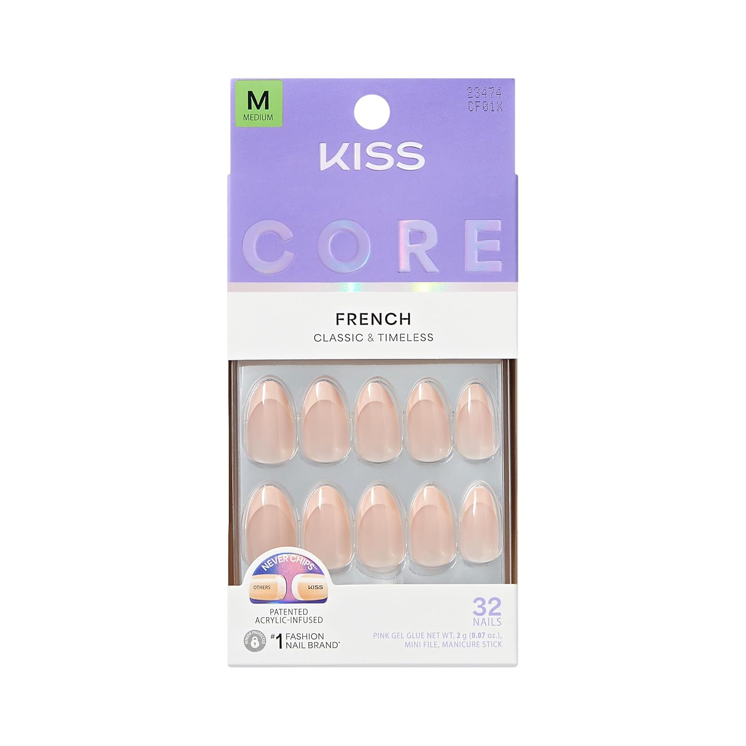 Kiss Core, Press On Nails, Nail glue included, 'Dancing on Clouds', Pink, Medium Size, Almond Shape, Includes 32 Nails, 2g Glue, 1 Manicure Stick, 1 Mini File