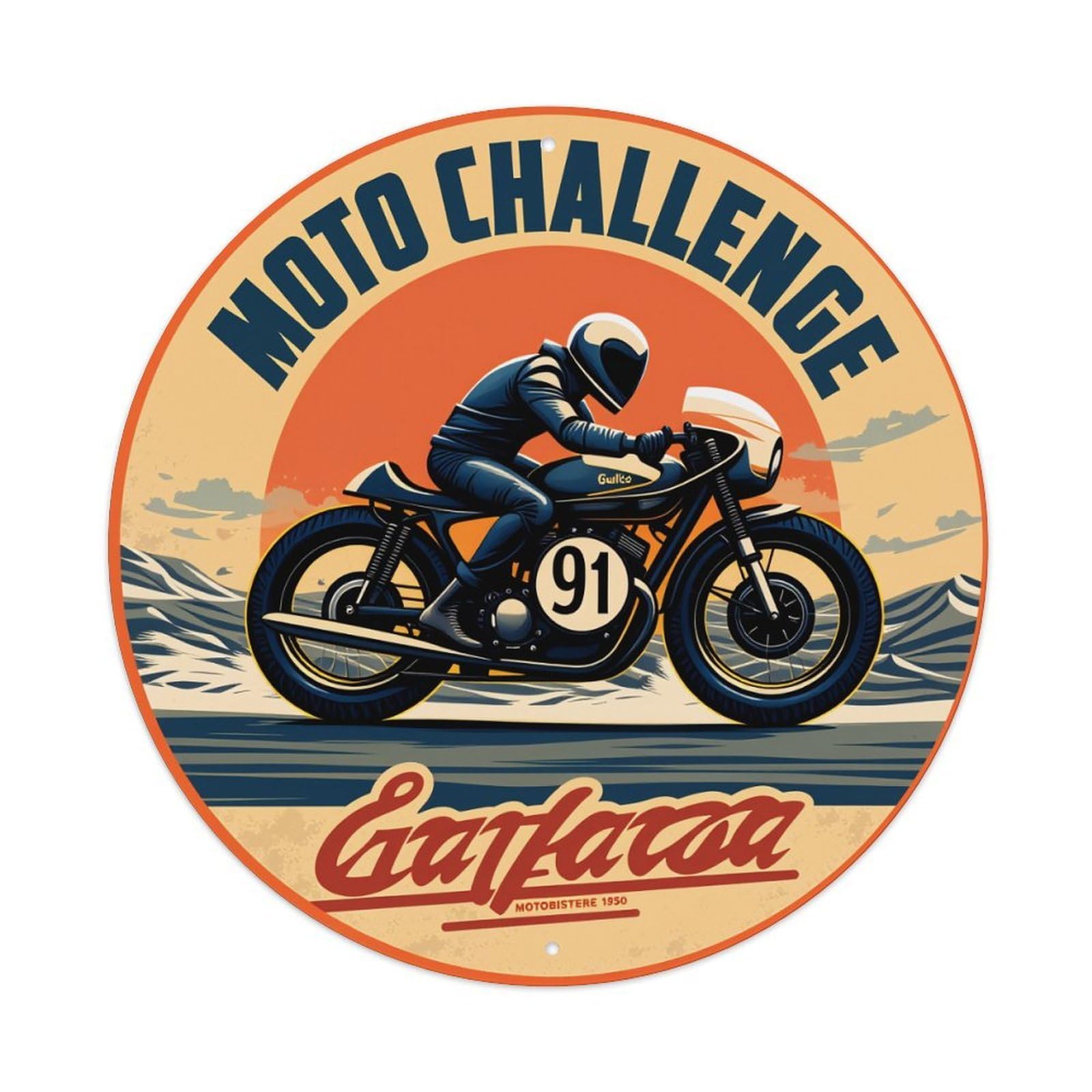 Wmlzdnwr Vintage Motorcycle Rider Racing On Desert Road Sunset Background Round Tin Sign,Retro Wall Art,Metal Poster For Home, Bar, Garage, Cafe, Rustic Indoor & Outdoor Decor, 8X8 Inches