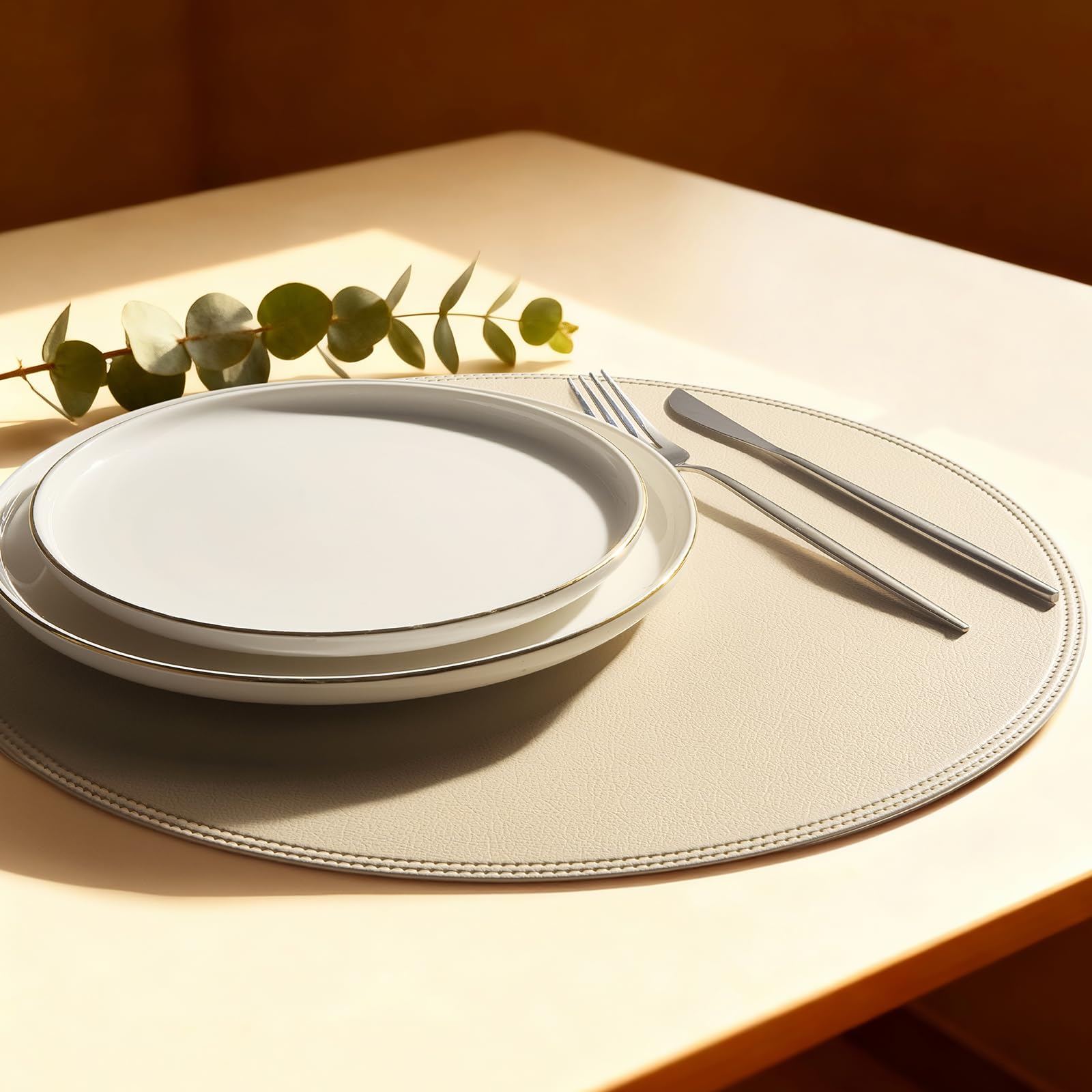 Rinpon Round Vinyl Placemats Set of 6, Faux Leather Waterproof Wipeable Heat Resistant Place Mats, Washable Oil-Proof, Non-Slip Thick Placemats, Circle Kitchen Dining Table Mats(Beige)