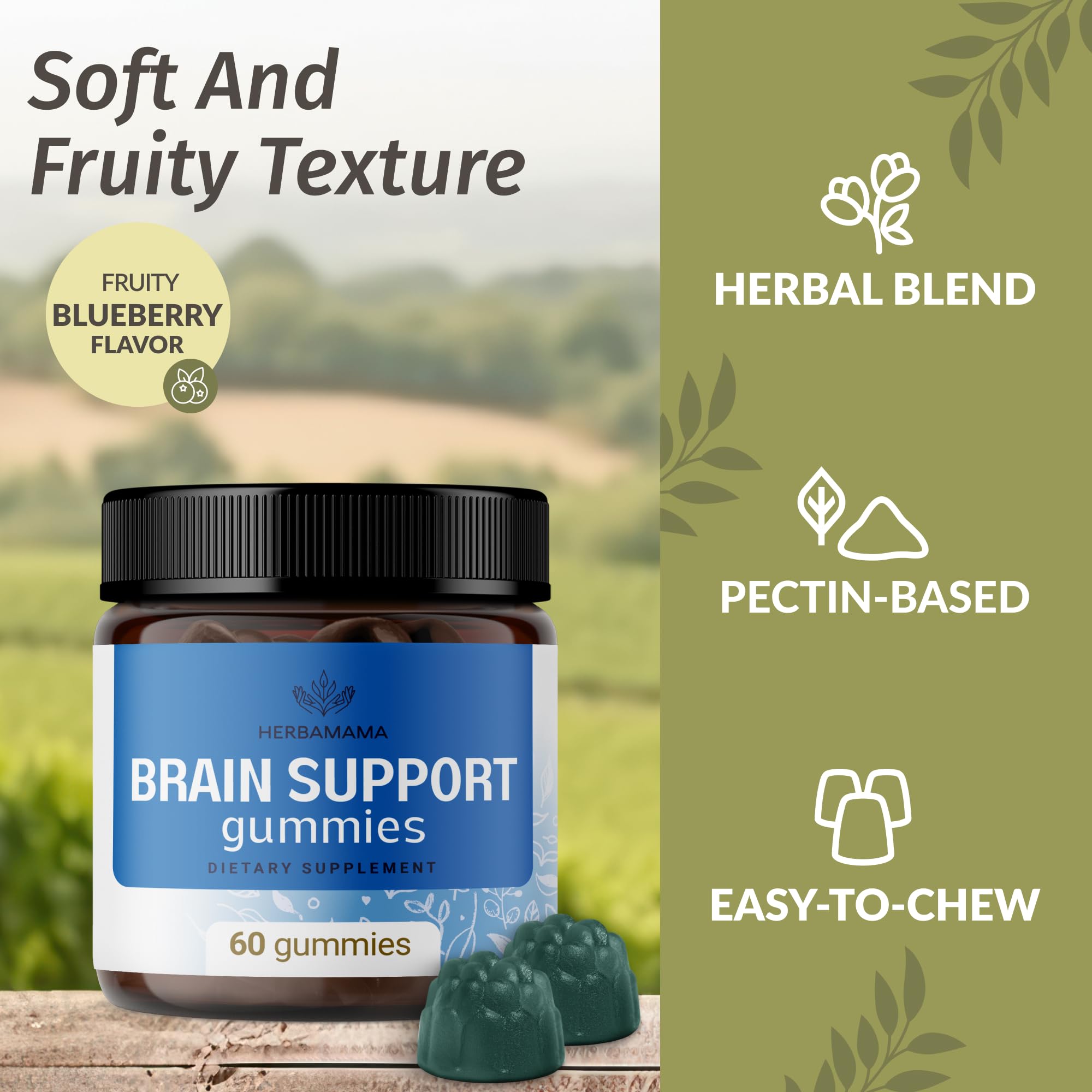 HERBAMAMA Brain Support Gummies – Brain Focus Supplements for Adults with Ashwagandha, Bacopa Monnieri, Vitamin C & B12 – Vegan, Non-GMO Calming Gummies – 60 Pectin-Based Blueberry-Flavored Chews — Amazon image 4