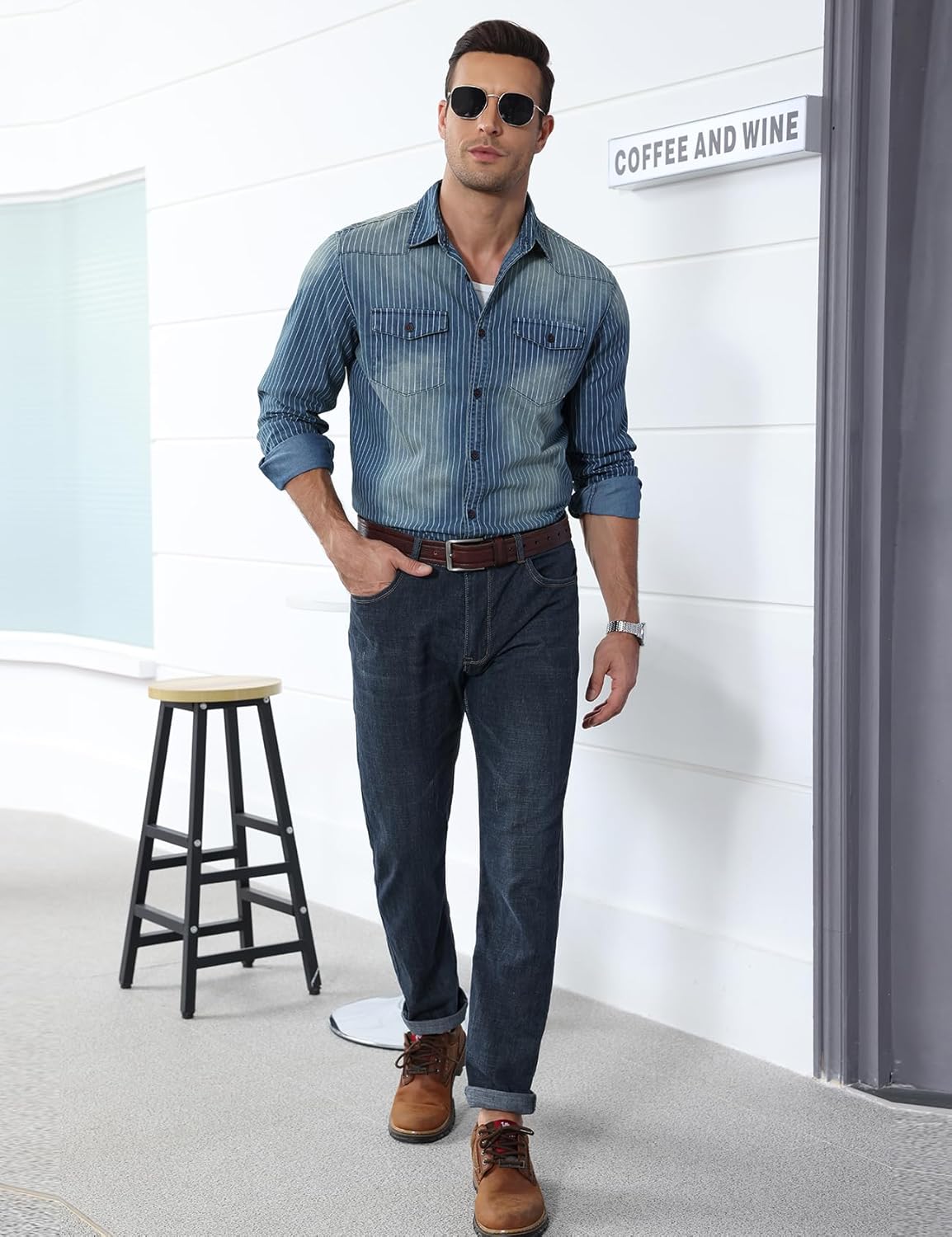 Kissonic Mens Denim Shirt Long Sleeve Slim Fit Jean Shirt for Men Button Down Causal Striped Denim Shirts - Image 4