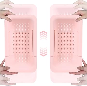 BLUE GINKGO Over the Sink Colander Strainer Basket - Wash Vegetables and Fruits, Drain Cooked Pasta and Dry Dishes - Extendable - New Home Kitchen Essentials Pink, 2 Pack
