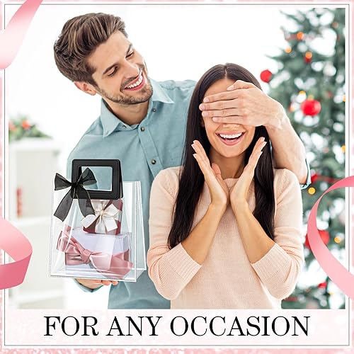 Miniatura 8 de Fulmoon 12 bolsas de regalo transparentes con asa y 2 rollos de cinta transparente rosa con ribete dorado, bolsa de regalo de PVC transparente