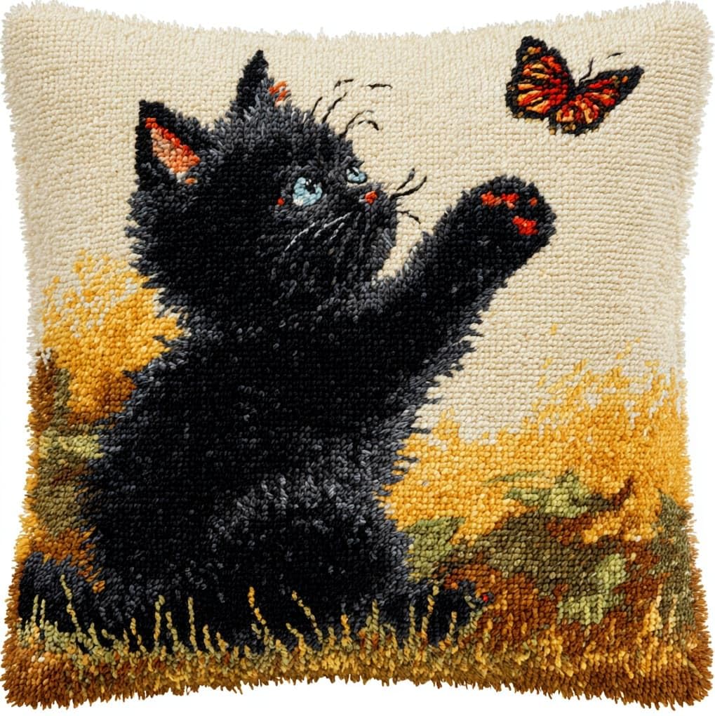 WallustrioaW Latch Hook Kit Cushion Latch Hook Kit,Black Cat and Butterfly,Sofa Cushion Cover Embroidery Craft for Adults and Beginners,17x17in