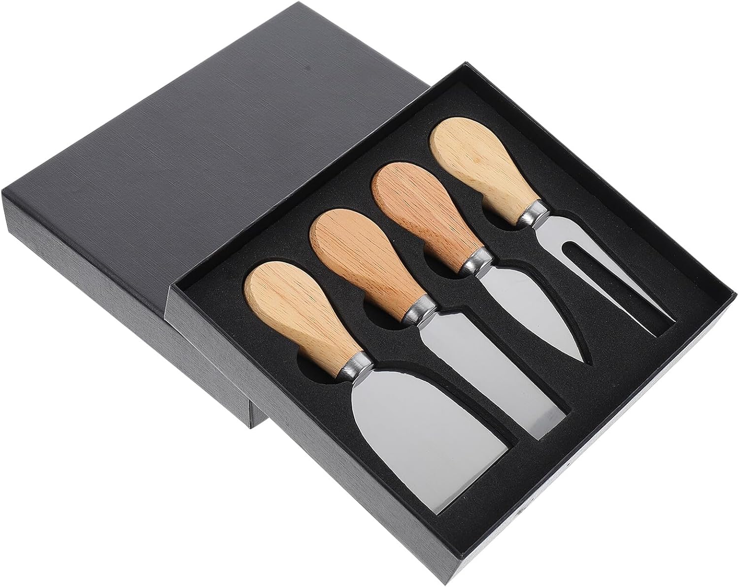 4pcs Cheese Knife Set with Butter Knives and Handheld Cheese Slicer Stainless Steel Blades with Oak Wood Handles for Charcuterie Boards and Entertaining