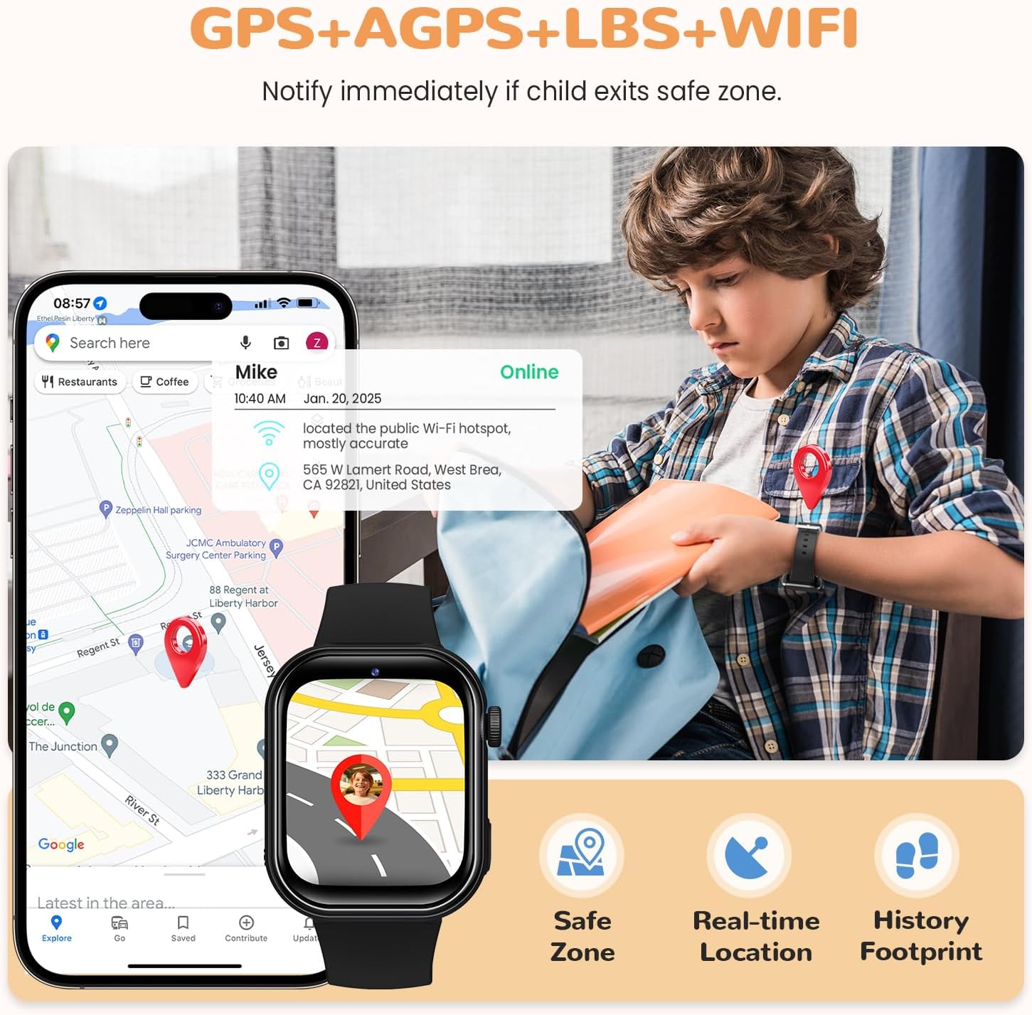 Image displaying the smartwatch's GPS tracking capabilities, showing real-time location on a map, safe zones, and history footprint.