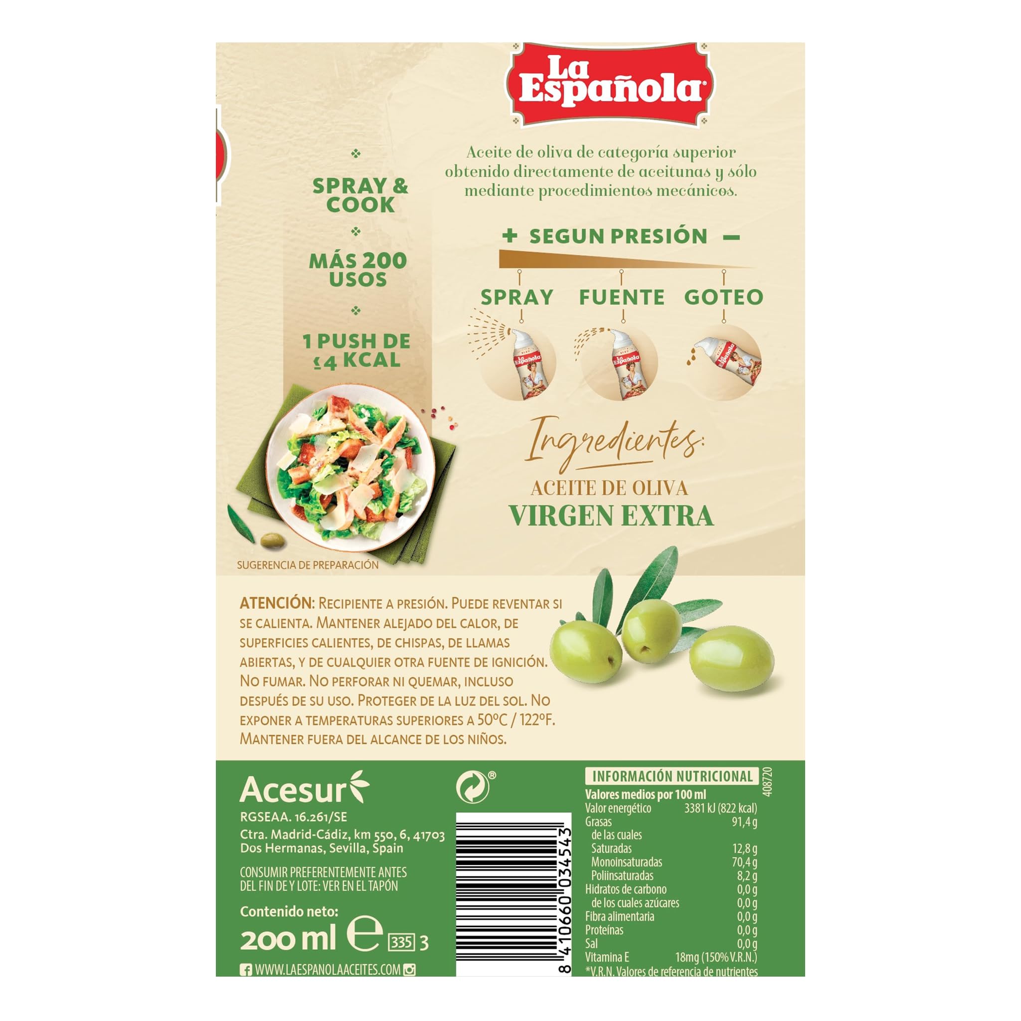 LA ESPAÑOLA - Aceite de Oliva Virgen Extra. Pulverizador Aceite en Spray 200 ml