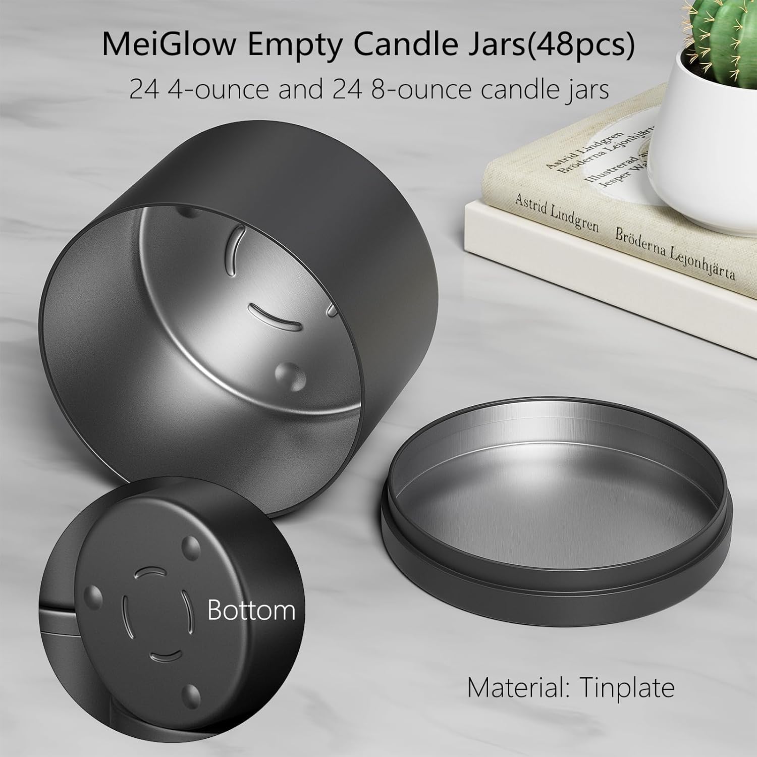 MeiGlow 48PCS Empty Candle Tins Candle Making Jars Candle Containers wit Lids, 24PCS 8oz & 24PCS 4oz (Black)