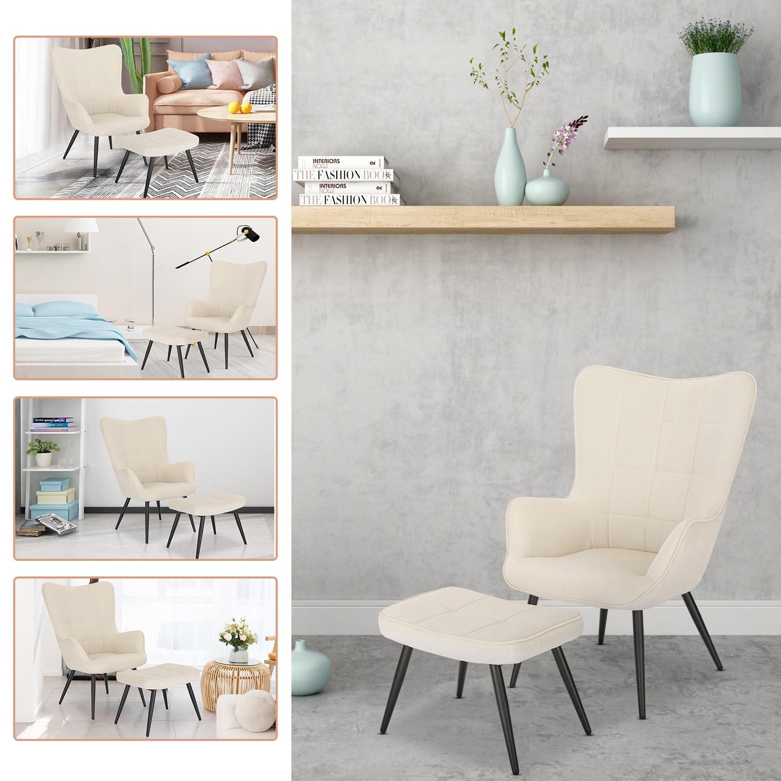 WOLTU Sillón de Relax con Reposapiés, Respaldo Alto, Blanco Crema | Salón con Taburete, Silla de Salón de Escritorio con Escabel, reposabrazos, patas de metal, Topes en Patas