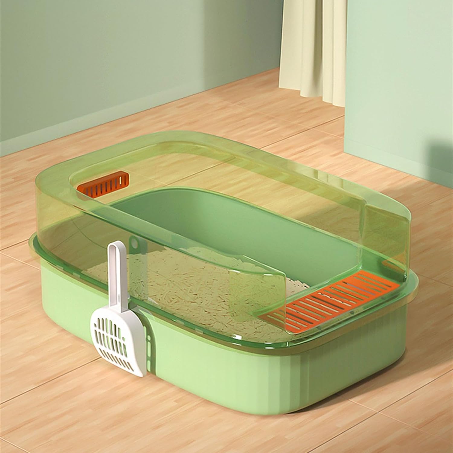 Litterbox Sifting Cat Litter Box with Scoop for Kittens, Open Litter Box with High Sides, Small Pet Toilet Travel Litter Pan for Kitty and Thiny Cats Cat Litter Tray(Green)