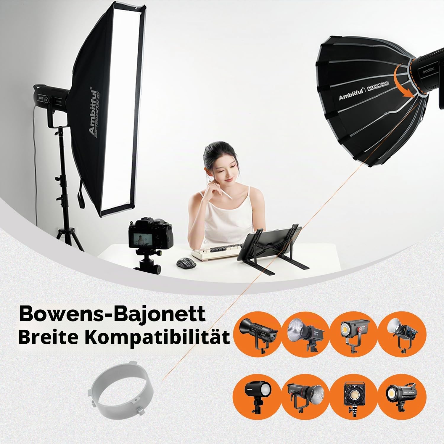 Ambitful 120 cm Schnellwechsel-Parabol-Softbox, Hexadecagon Bowens-Softbox mit 2 Diffusoren und Wabengitter, Tragetasche, kompatibel mit Studio Speedlite Flash und Monolight