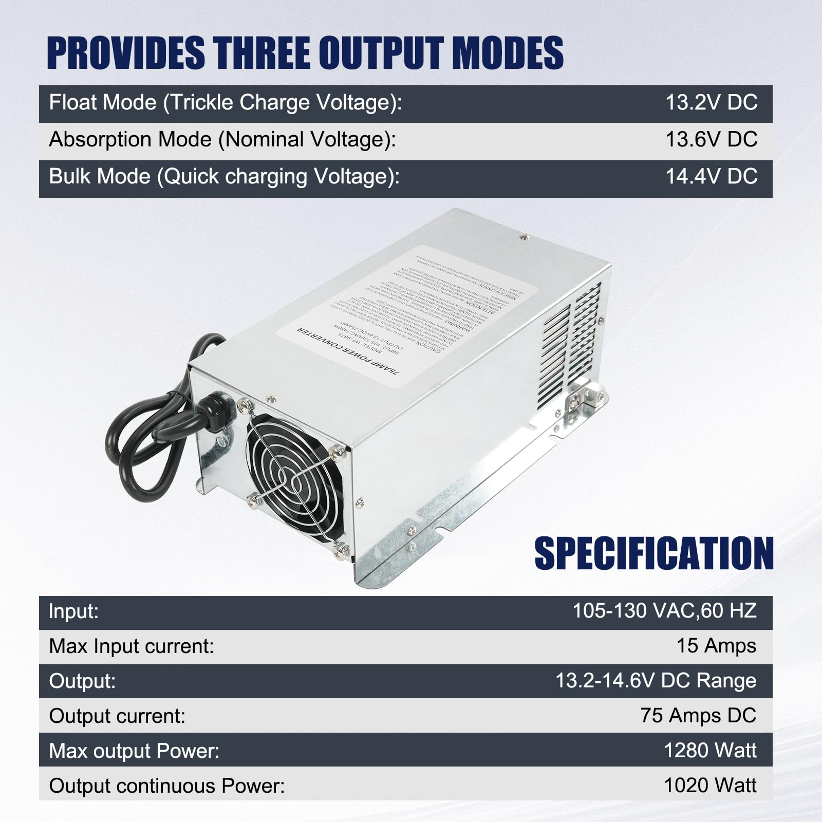 WF-9875 - Convertidor de potencia de 75 amperios, cargador de montaje en cubierta para RV, remolque, cámper, serie WF-9800 WF-9875-AD-CB WF-9875-MBA