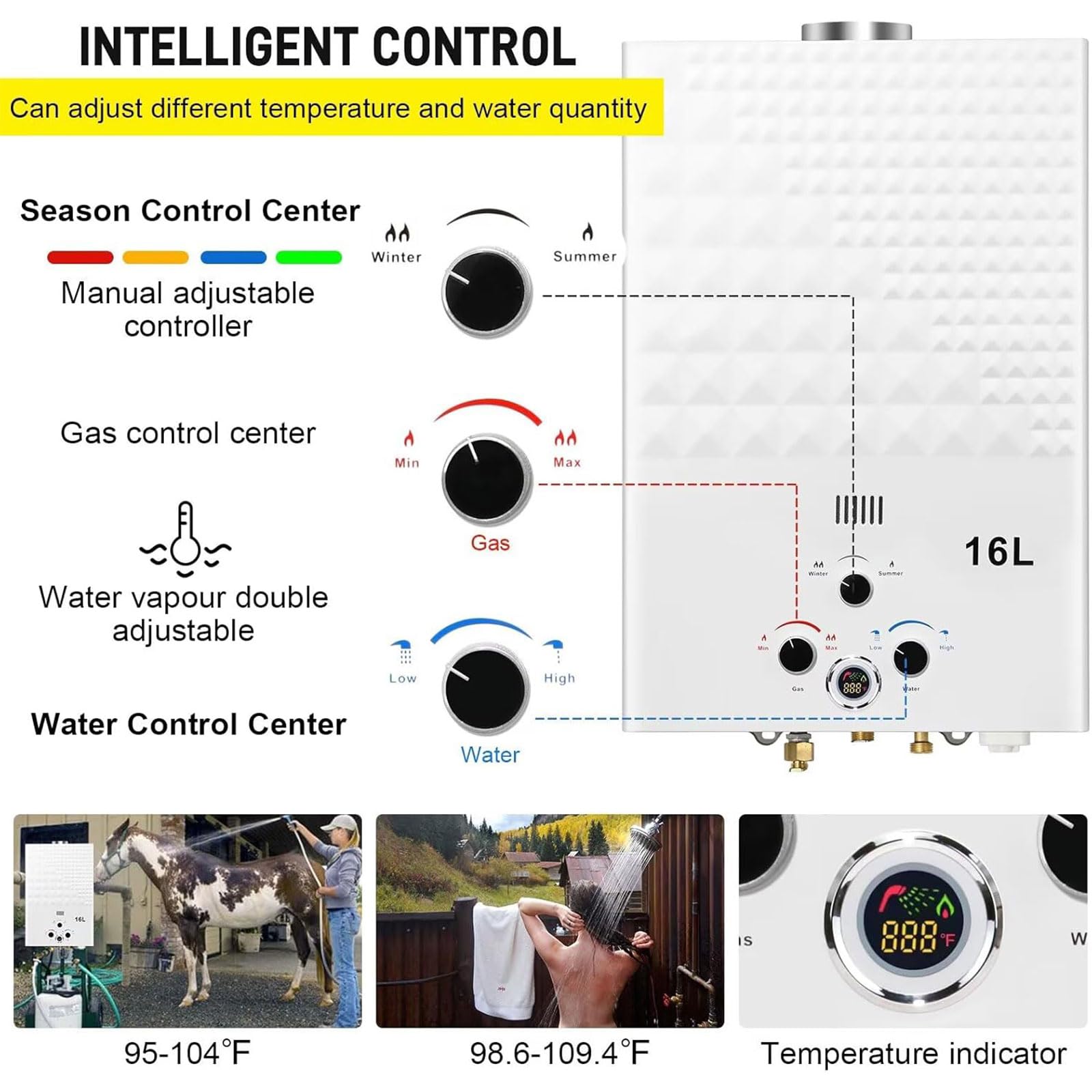 Calentador de Agua a Gas, 16L Calentador de Agua LPG Instantáneo, Calentador de Agua Sin Tanque Con Pantalla LED, Para Duchas al Aire Libre [Clase de eficiencia energética A]