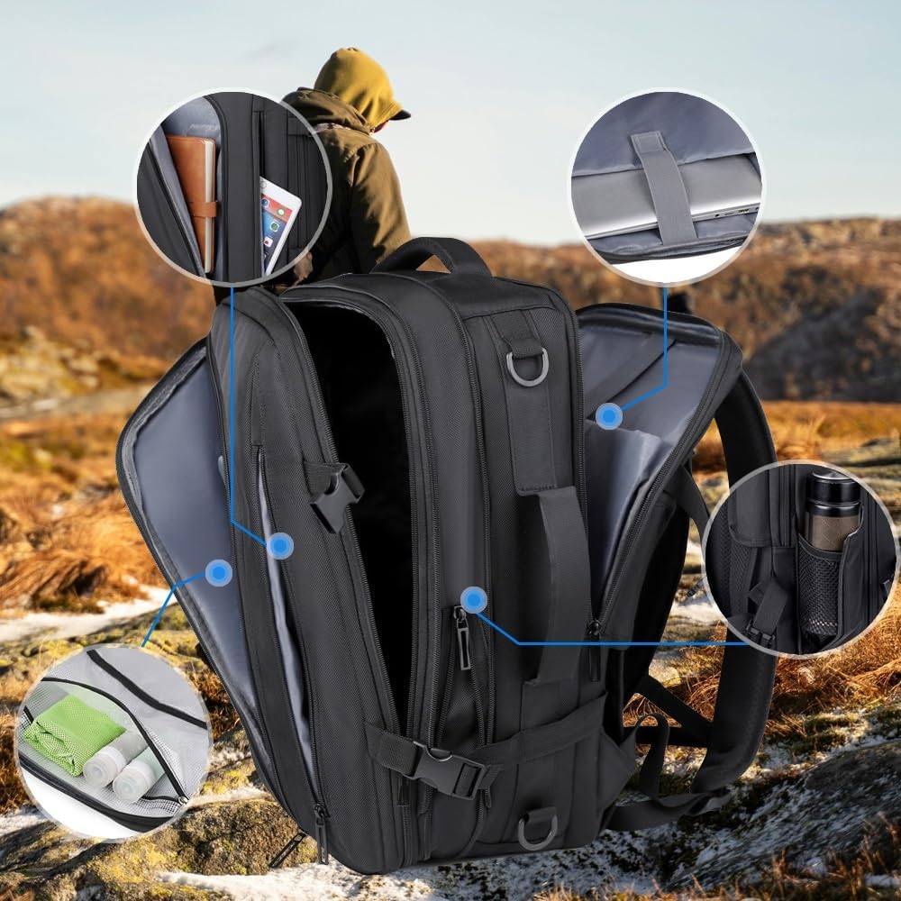 Sac a Dos sous Vide de Voyage Cabine Avion avec Pompe Électrique – Sac de Compression avec Airbag, Bagage à Main Imperméable Sac à Dos Ordinateur pour Travail de Randonnée Homme Femme