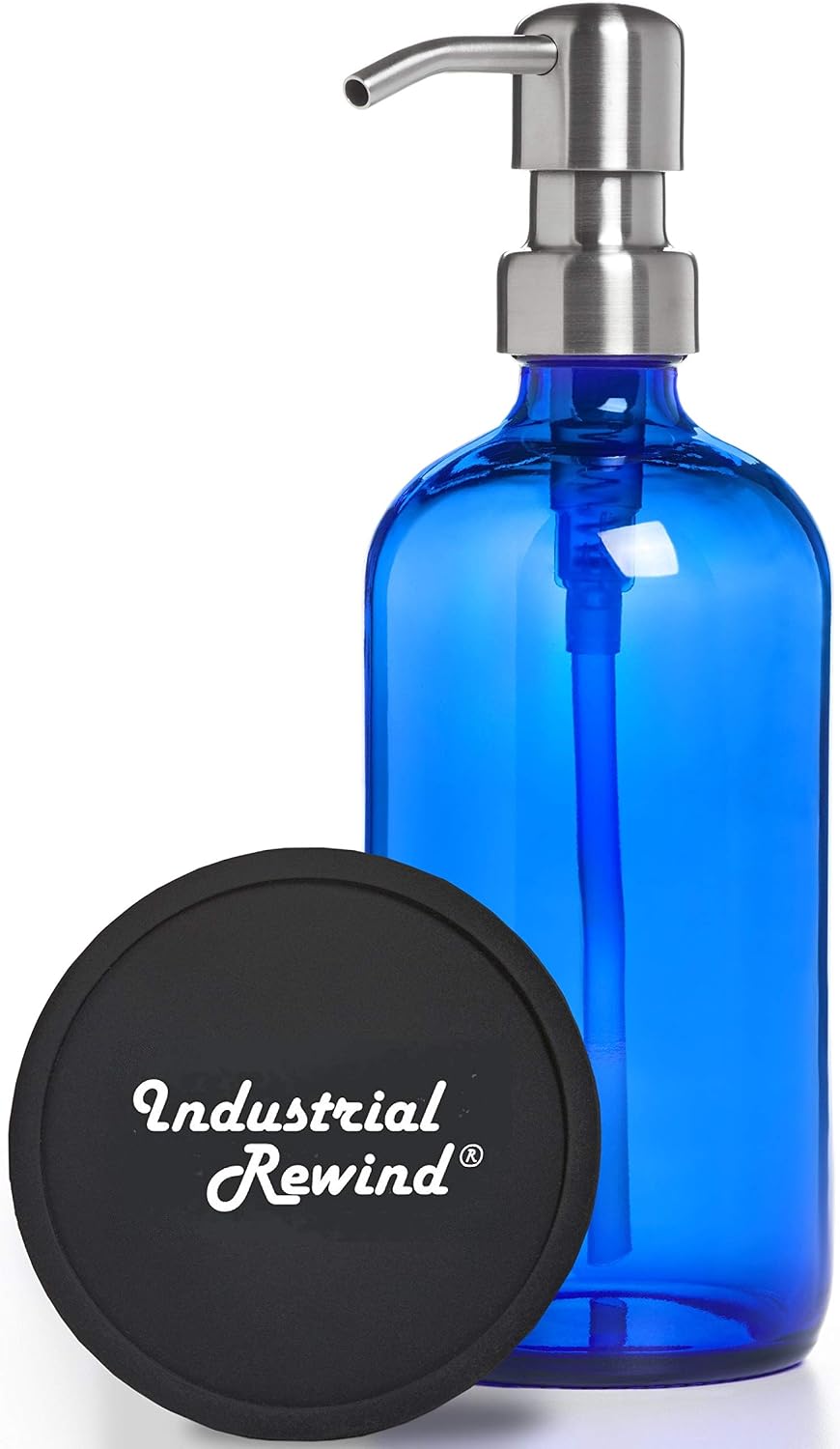 Blue Soap Dispenser with Stainless Steel Pump - 8oz Glass Soap or Lotion Dispenser with Coaster for Non Slip Bottom.