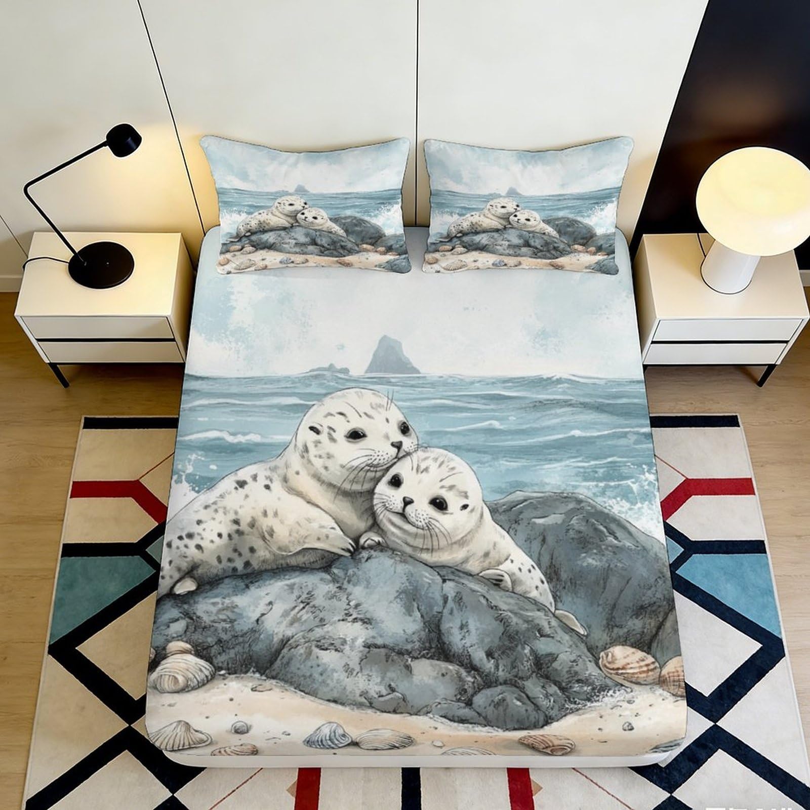 3D Printed Ocean Seal Fitted Sheet Microfiber Soft Breathable Coastal Rock Mattress Cover for Bedroom Guest Room Decor 90x200x25cm