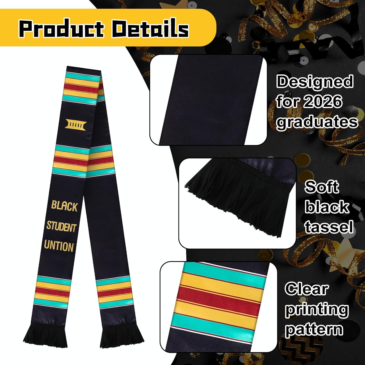 Cuffbow Black Student Union Graduation Stole 2026 Cloth Kente Stole Sash African Scarf for African American Decorations