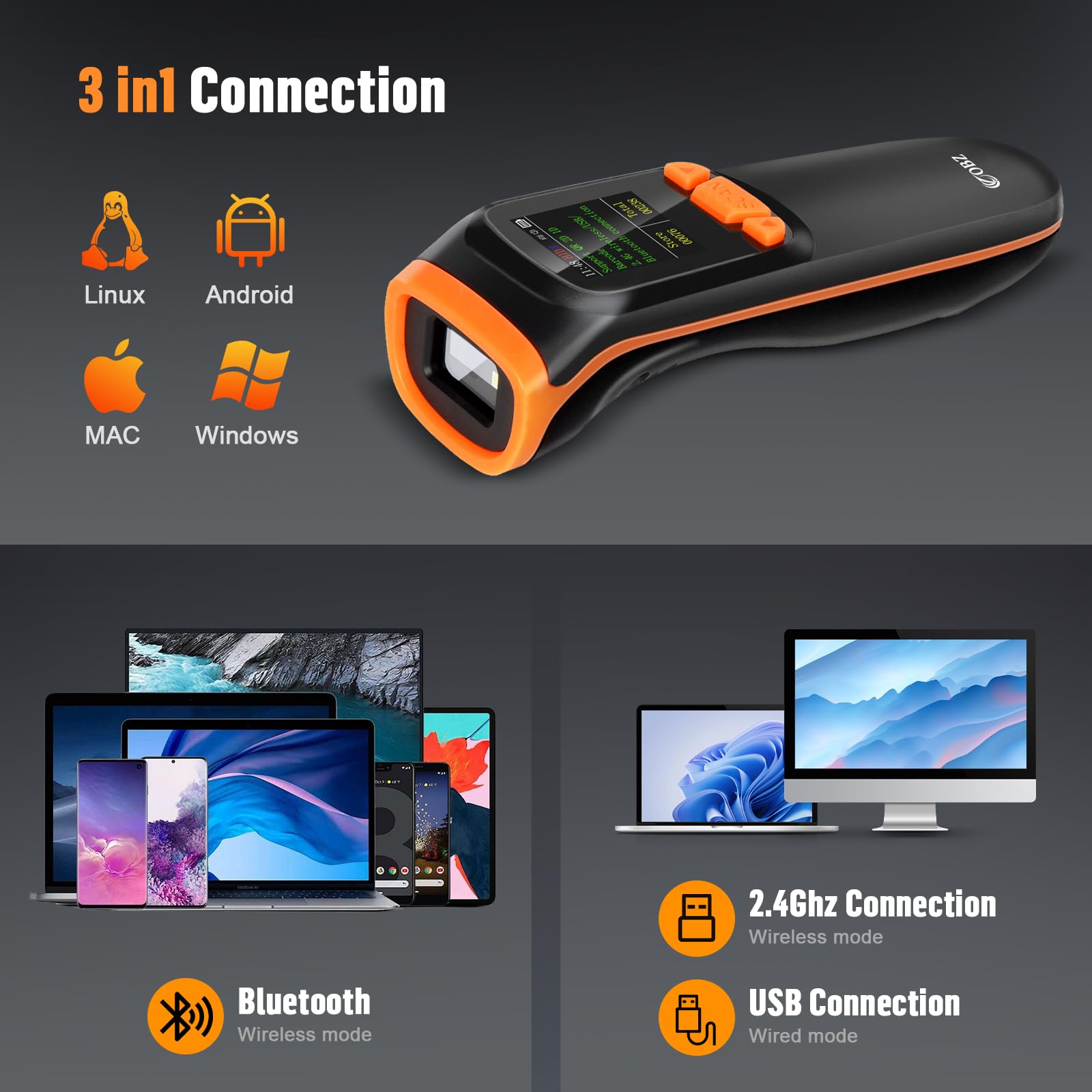 Lettore Codice a Barre Wireless QR 2D 1D con Schermo, OBZ Lettore Barcode Bluetooth cavo USB Scanner di Codice a barre Senza Fili Lettore QR Code per PC iOS Windows Android Tablet Inventario