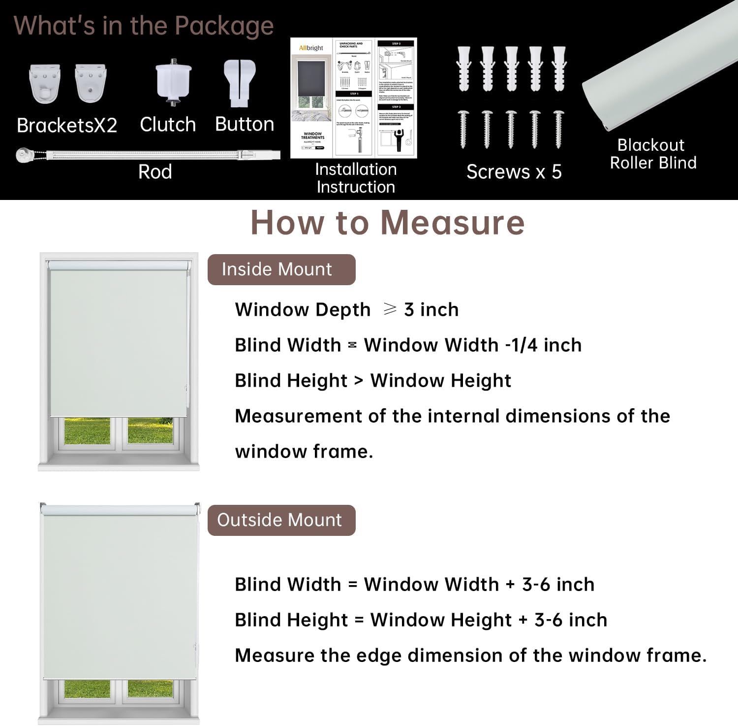 Allbright 100% Blackout Cordless Roller Shades for Windows, Thermal Insulated UV Protection, Window Roller Blinds for Home, Office, Bedroom, Door, 18" W x 64" H, Grey