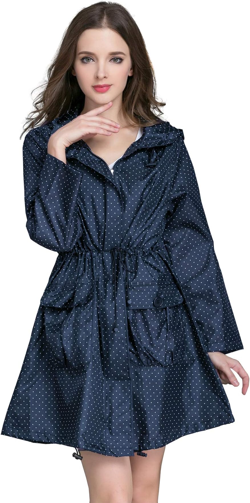 Aeman Women's Lightweight Raincoat Waterproof Packable Outdoor Hooded Rain Jacket Windbreaker (Navy Blue)