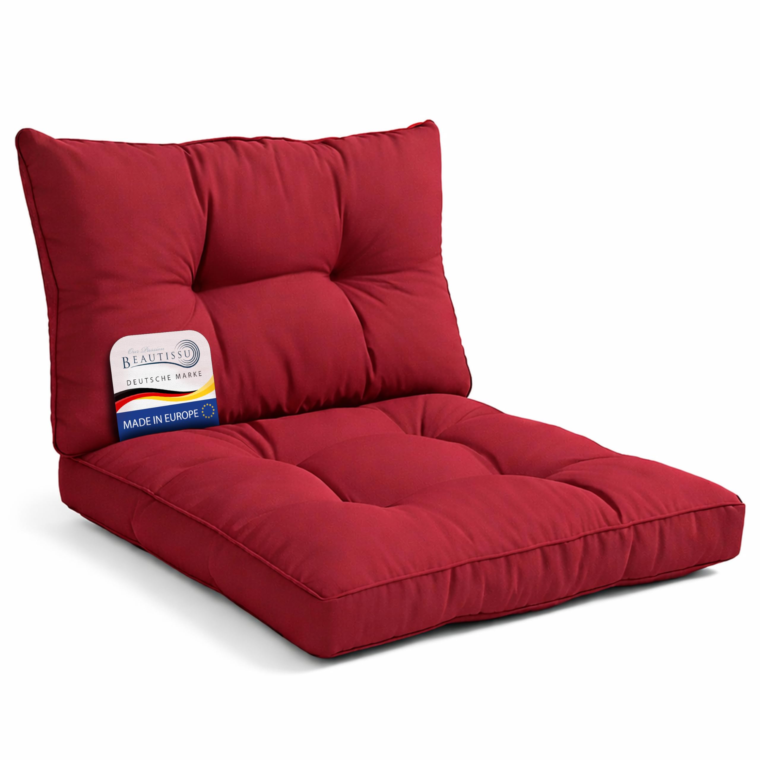 Beautissu Lounge Auflagen Set Sitzkissen 70x70 cm & Rückenkissen 70x40 cm Rot – Bequemes Gartenstuhl Sitzpolster Lounge Kissen Outdoor Polster für Rattan Stühle Gartenmöbel Sessel Stuhlauflage – xLuna