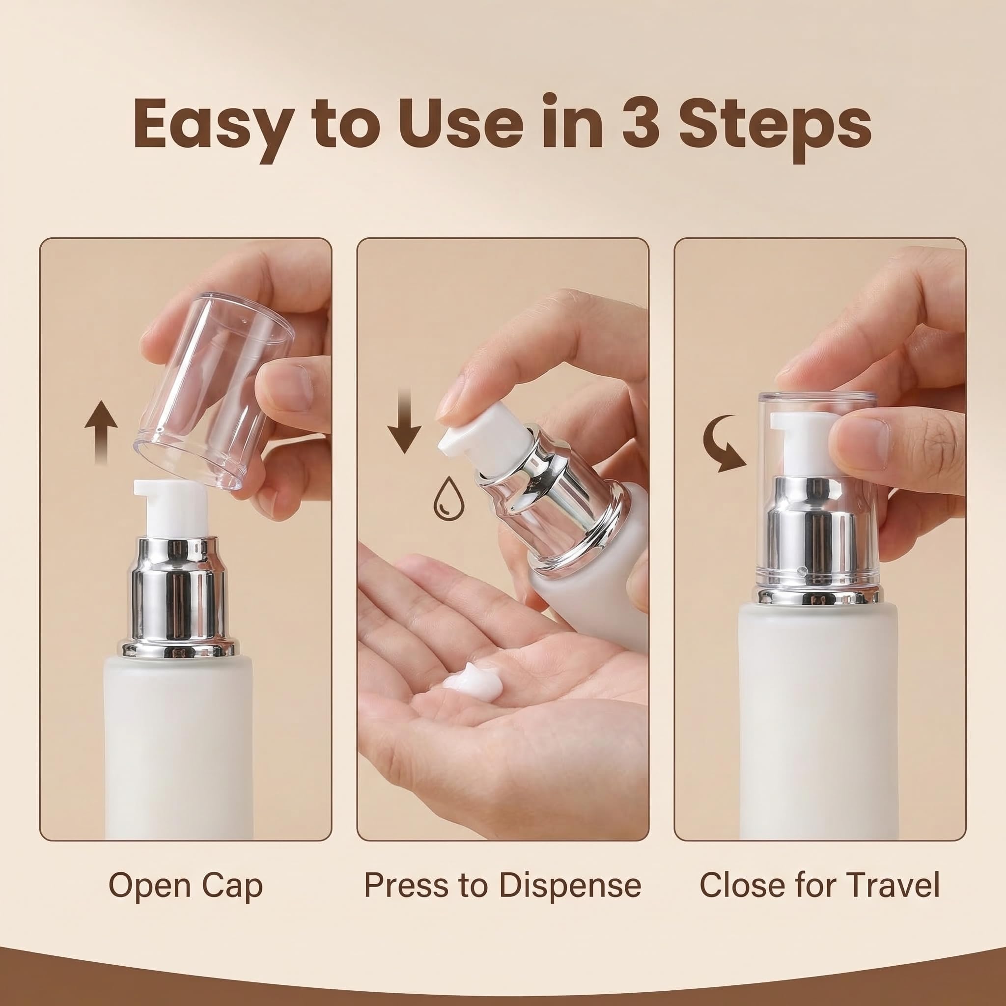 3 botellas vacías de 30 ml / 1 oz de vidrio esmerilado transparente para loción cosmética de viaje, contenedor dispensador de bomba, frascos para base de crema, aceite esencial de emulsión