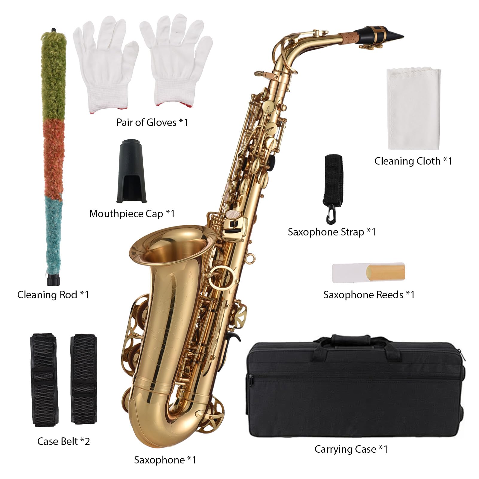 POENVFPO Sassofono Contralto, Set Sax in Ottone Mib con Manico, Bocchino, Tappo per Bocchino, Guanti, Custodia Imbottita, Panno per la Pulizia e Spazzola per Principianti e Adulti