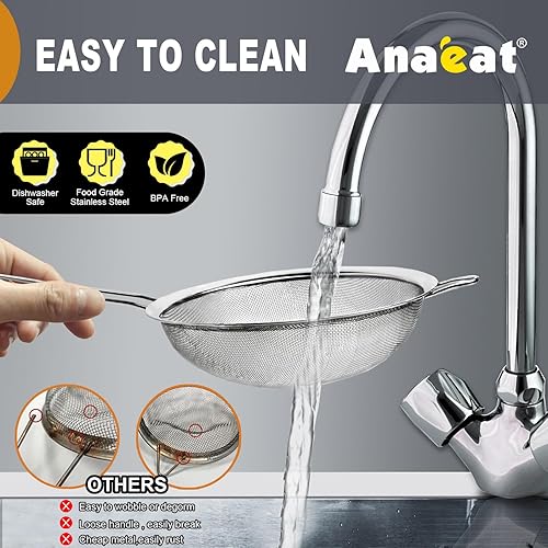 Miniatura 5 de Anaeat Coladores de malla fina  Colador de acero inoxidable de alta calidad, con malla duradera y mango resistente, excelente para tamizar