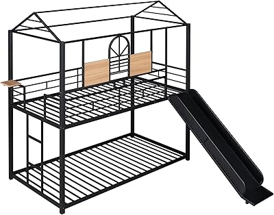 Harper & Bright Designs Twin Over Twin Bunk Bed with Slide, House Bunk Bed with Roof and Guardrails, Metal Bunk Bed Twin Over Twin, House Bed for Kids, Teens, Girls, Boys (New, Black)