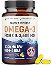 Triple Strength DHA Omega 3 Fish Oil 3600 mg | Over 2100mg Omega-3 Fatty Acids with 860mg of DHA | 1300mg EPA | Best Essential Fatty Acids | Premium Wild Caught & Burpless Fish Oil | 120 ct.