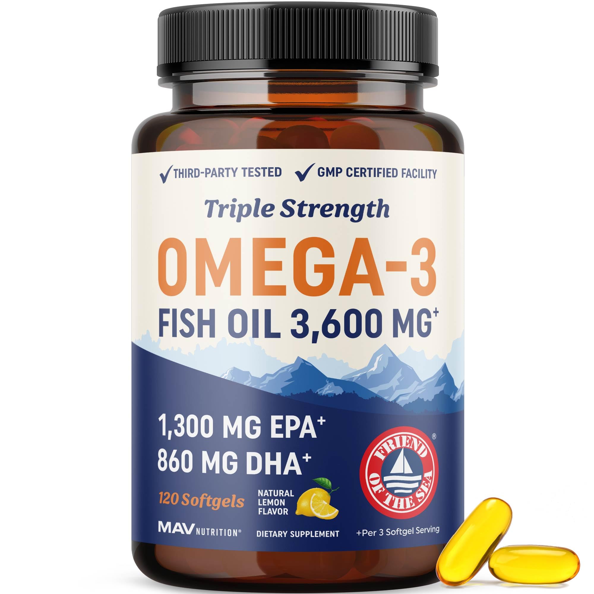 Triple Strength DHA Omega 3 Fish Oil 3600 mg | Over 2100mg Omega-3 Fatty Acids with 860mg of DHA | 1300mg EPA | Best Essential Fatty Acids | Premium Wild Caught & Burpless Fish Oil | 120 ct.