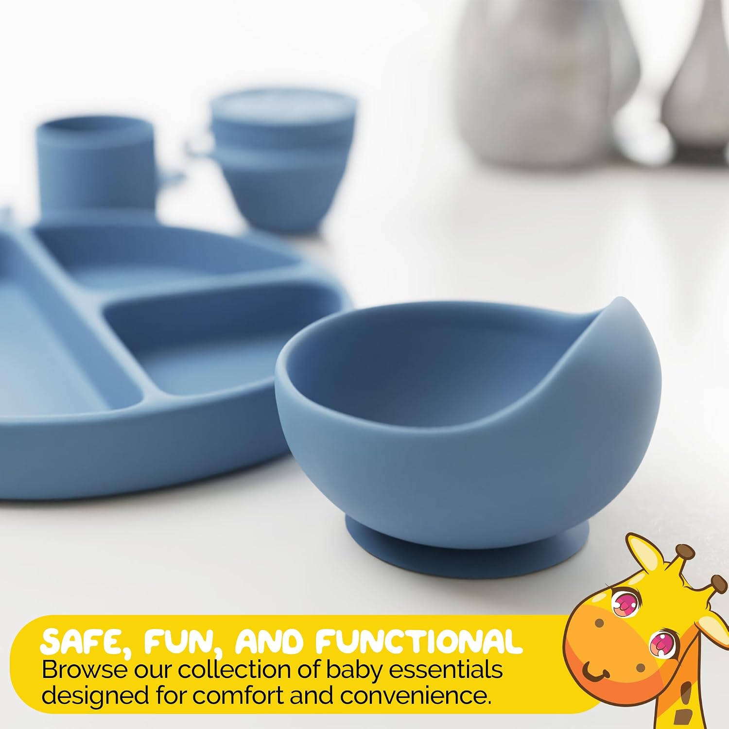 Carolina Blue Silicone Baby and Toddler Self-Eating Food Plates Set with Utensils (8 Piece Set)