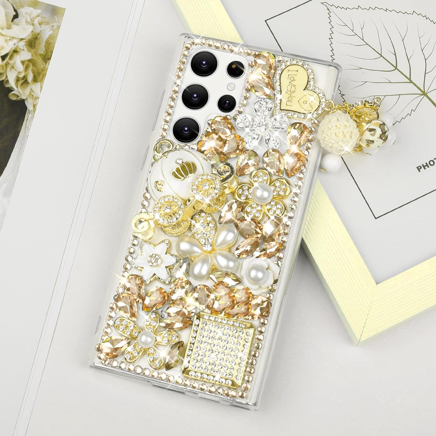 Guppy for Galaxy S25 Ultra Bling Case, 3D Bling Shiny Rhinestone Diamond Crystal Pearl Handmade Pendant Iron Tower Pumpkin Car Flowers Soft Protective Anti-Fall Case for Galaxy S25 Ultra(Gold) - Image 5