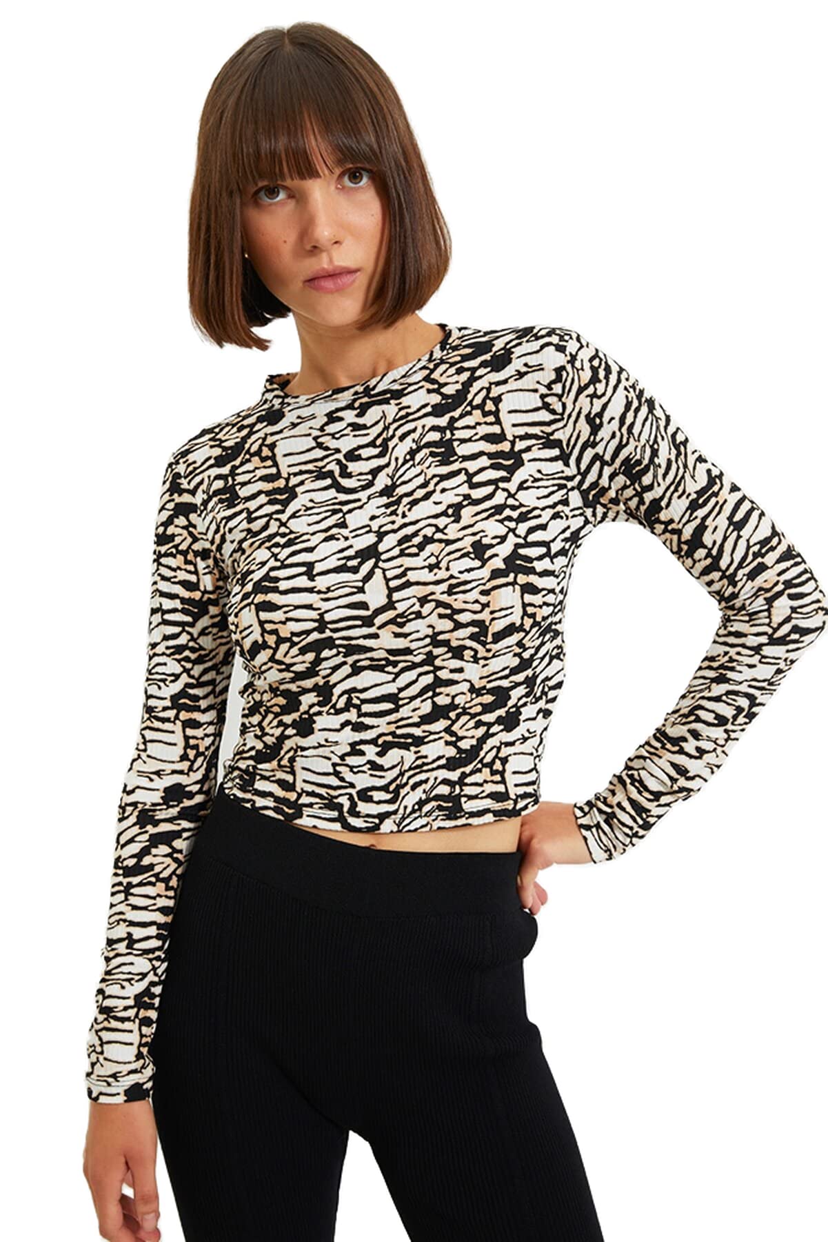 TRENDYOL Damen Rundhalsausschnitt Unifarben Figurbetont Bluse T-Shirt, Braun, XL