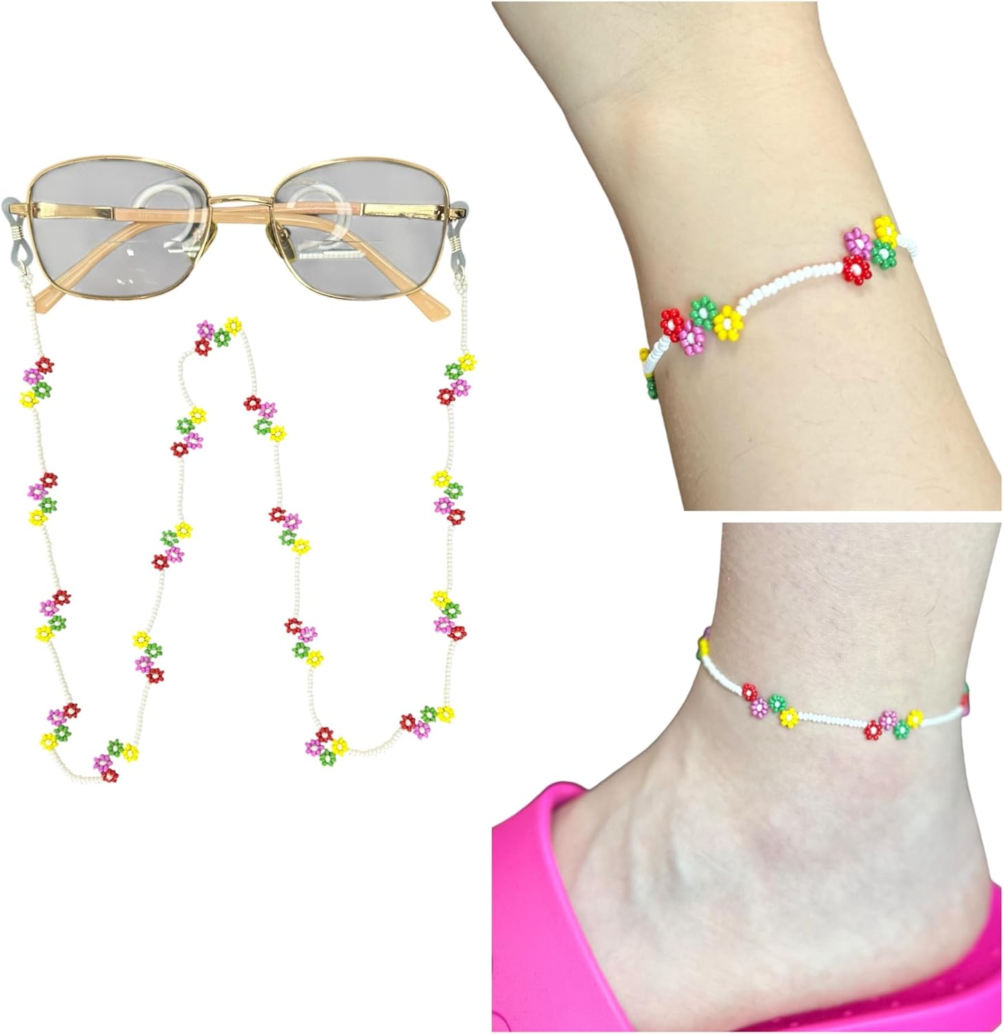 Handmade,Set of three. Eyeglass Chain, Bracelet and Anklet Set. Colorful Beaded Eyeglass Chain, Eyeglass Chains for Women, bracelet and anklet.Czech Glass Beads. Special jewelry for your body.Czech Glass Beads.