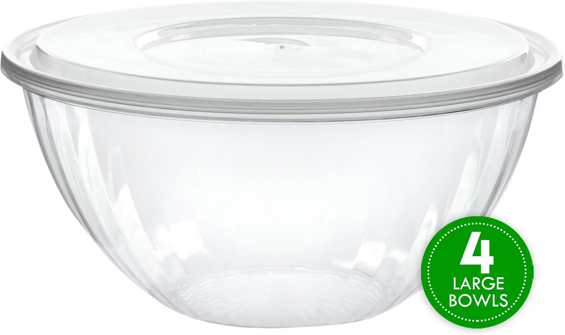 PLASTICPRO Disposable 150 Ounce Round Crystal Clear Plastic Serving Bowls, With Lids Party Snack or Salad Bowl, Chip Bowls, Snack Bowls, Candy Dish, Salad Container Pack of 4