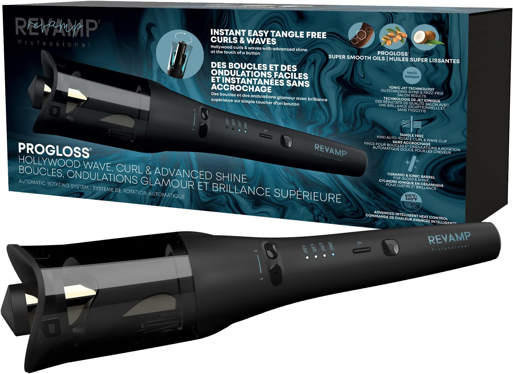 Progloss Hollywood Automatic Curling Iron – Advanced Shine Rotating Curling Iron with Hydrating Dual Ionic Jets, Ceramic Barrel Infused with Progloss Oils for Frizz-Free Shine 1 inch