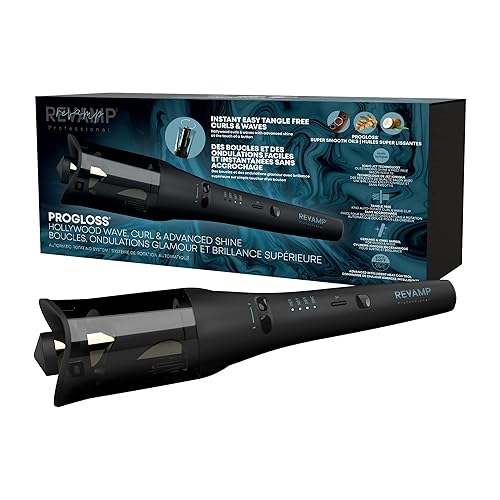 Revamp Progloss Hollywood - Plancha rizadora automática de brillo avanzado con chorros iónicos dobles hidratantes, barril de cerámica infundido con