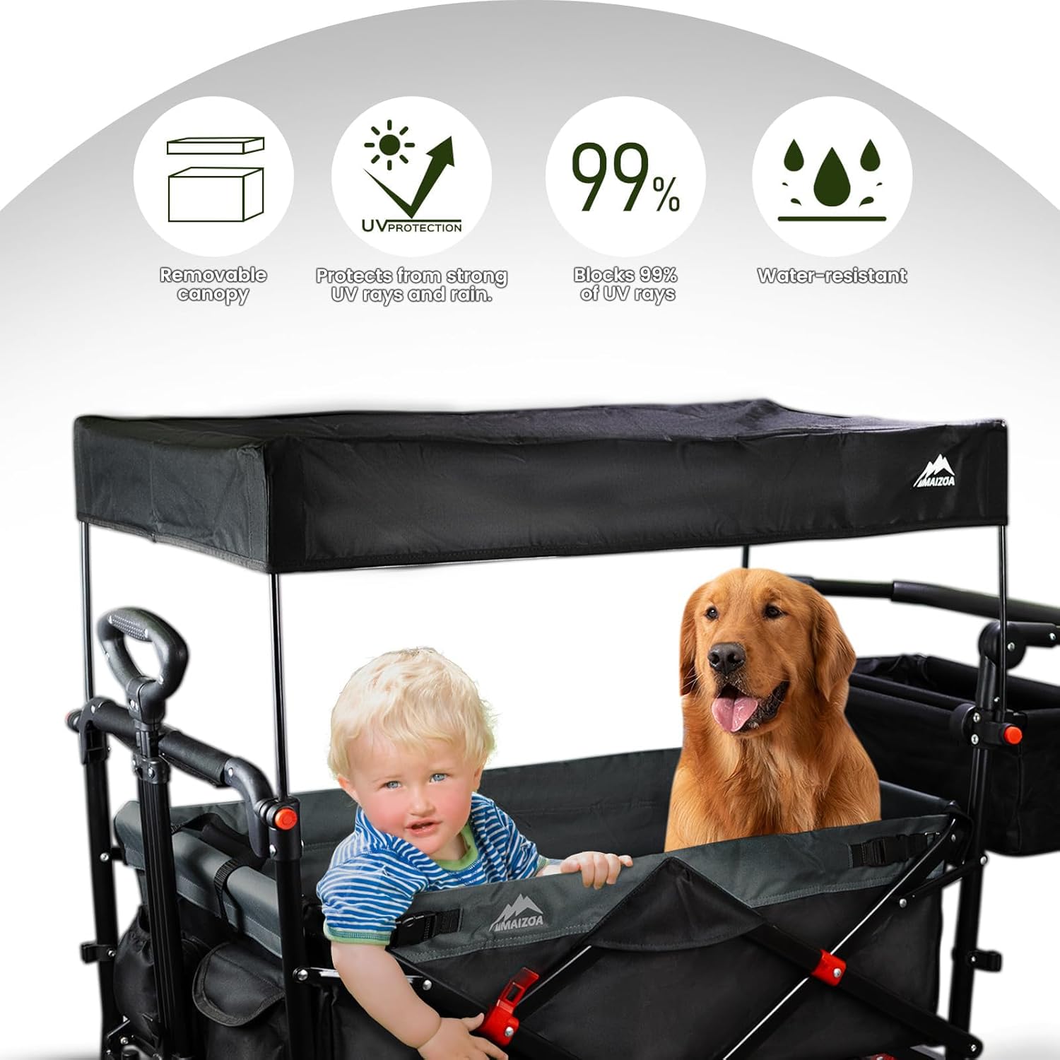 Foldable Wagons with Removable Canopy, Seat Belts, Reversible Handlebar, Removable Canopy, 220lbs Weight Capacity, Folding Wagon for Ages 1+ Years Suitable for Family Travel, Cargo,Gift