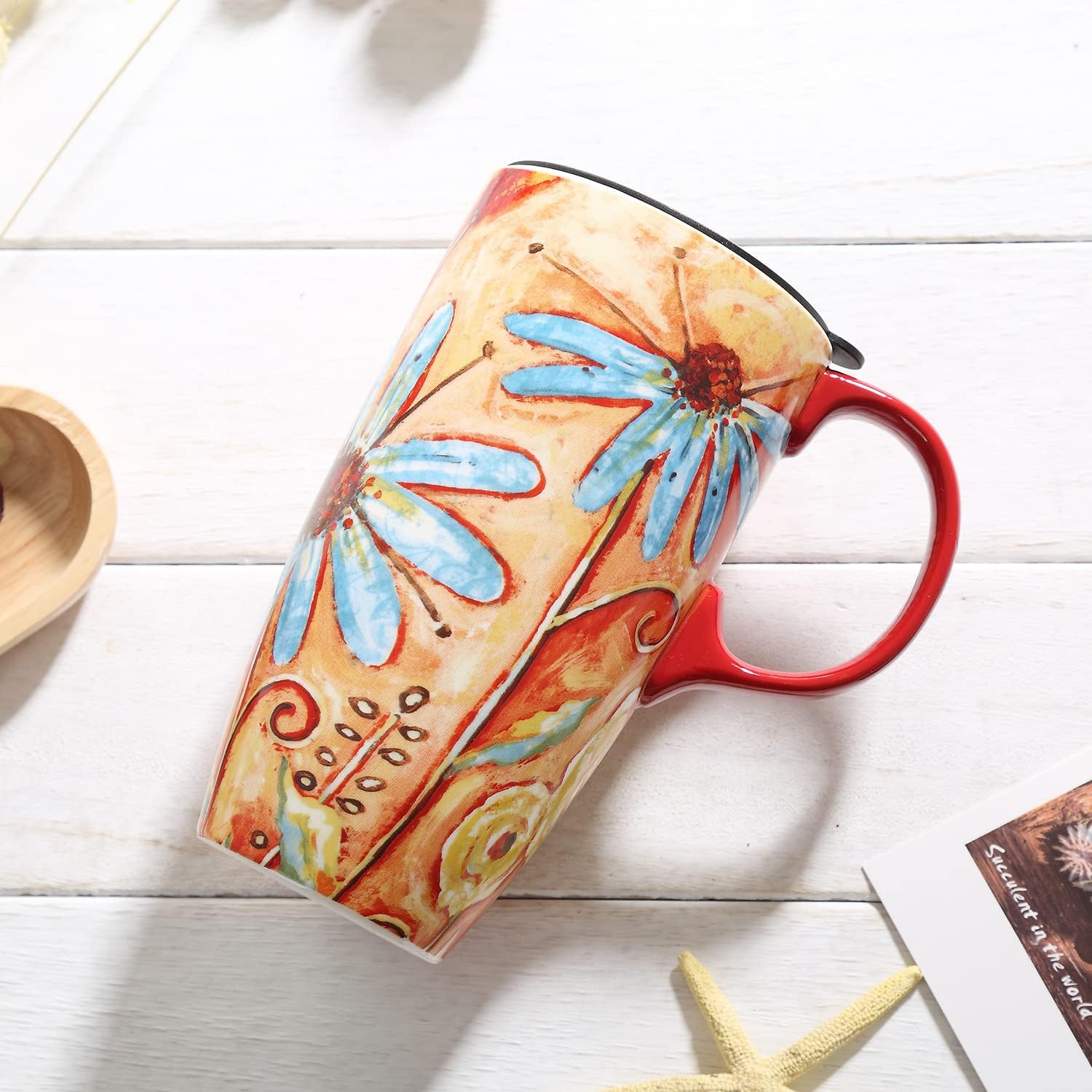 Topadorn Ceramic Coffee Mug Porcelain Latte Mug with Lid, 17oz Coffee Cup with Handle, Perfect for Coffee and Tea, Daisy - Image 6