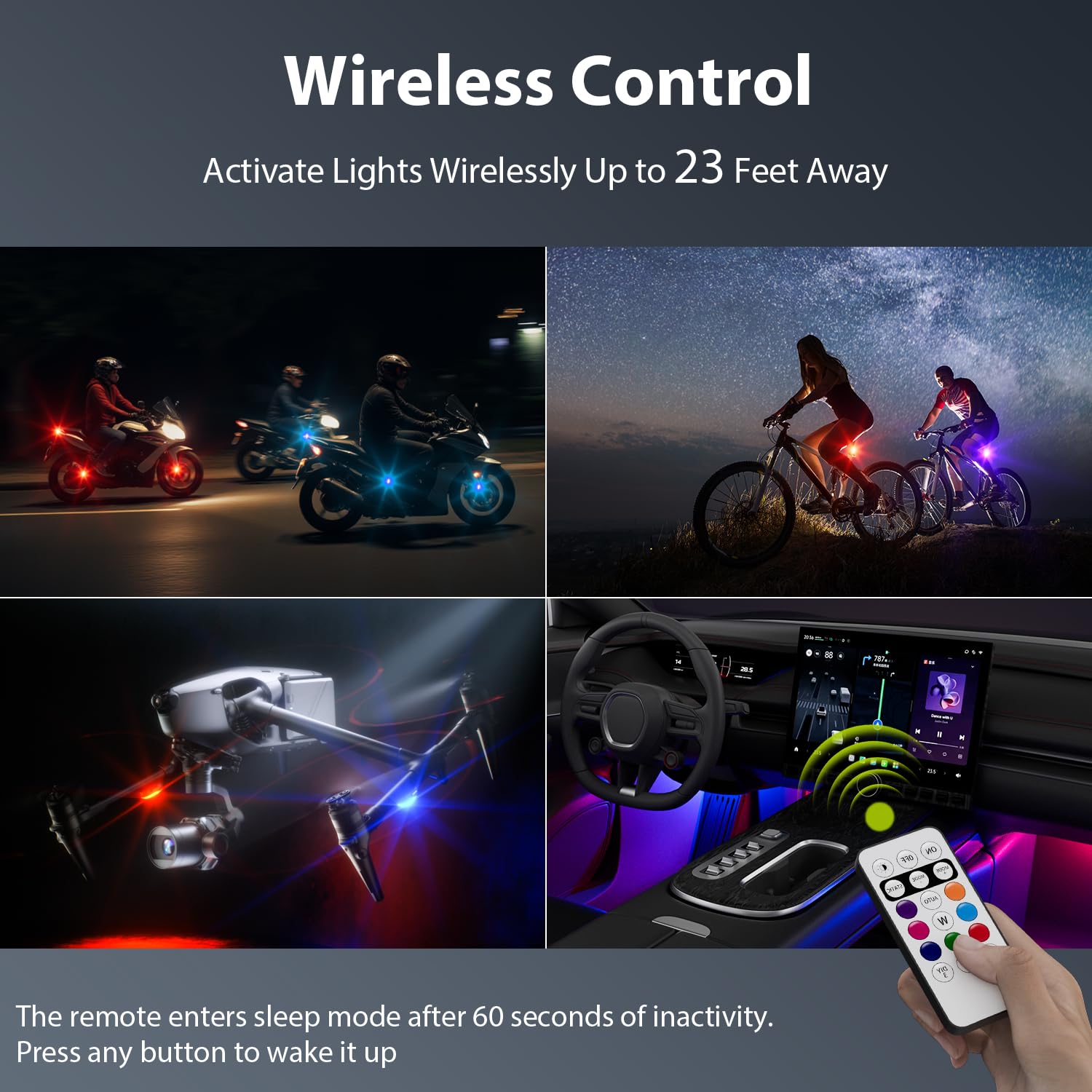 2025 Upgrade Wireless LED Lights for Car-4PCS Interior Ambient Strobe Light with Remote, USB-C 80 Hours 8 Colors IP65 Waterproof Rechargeable Underglow Light for Cars, Trucks, eBike, Motorcycle