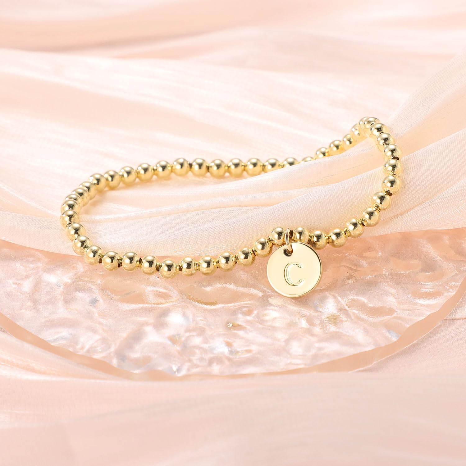 Initial Bracelet for Women, Dainty Gold Bracelet Cute A-Z Letter Charm Disc Bracelet Fashion Simple Jewelry Beaded Gold Bracelet Personalized 26 Alphabet Gifts (C) - Image 5